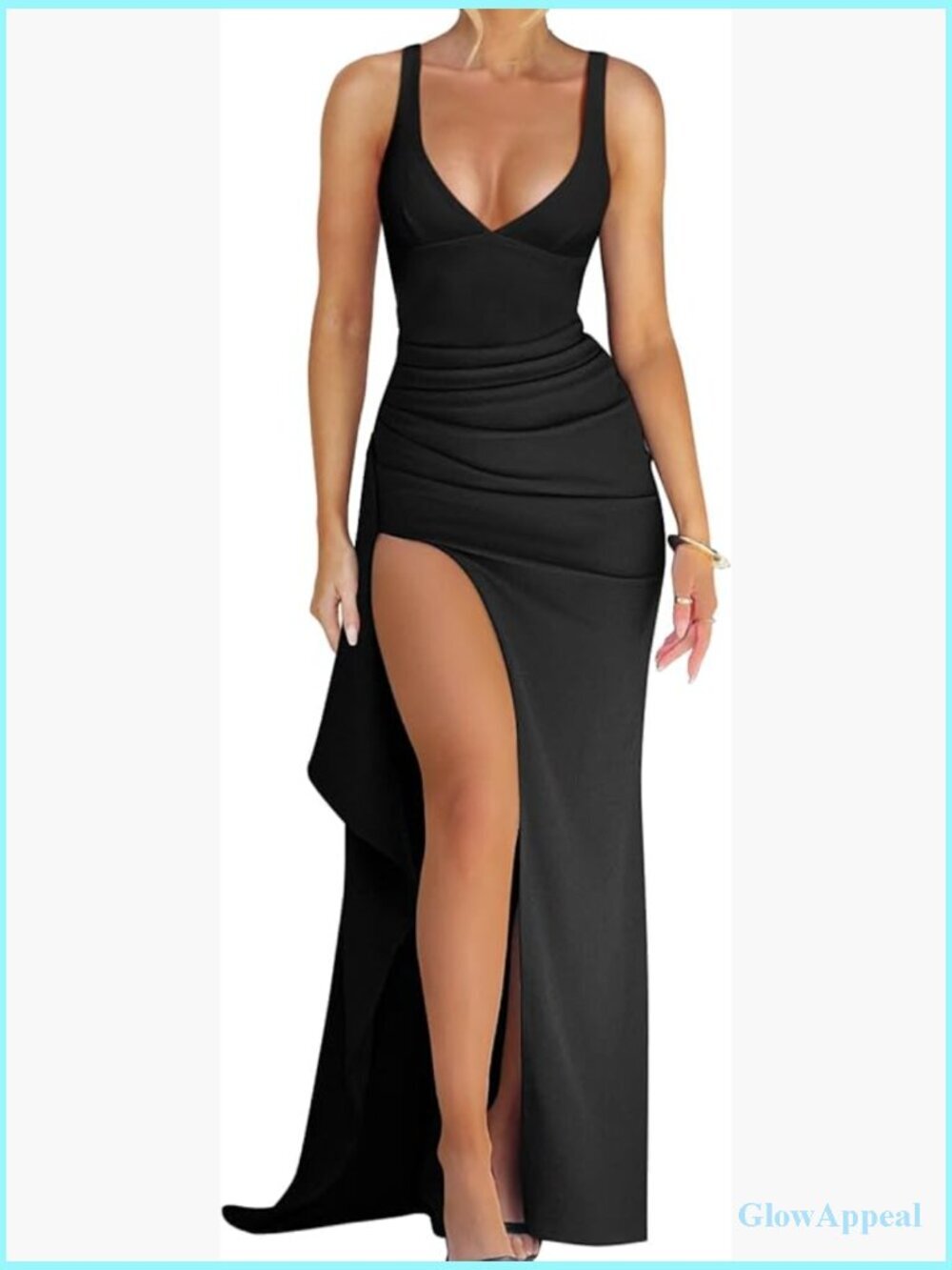 Sexy Plunge Neck Bodycon Ruched High Slit Maxi Dress S-XL
